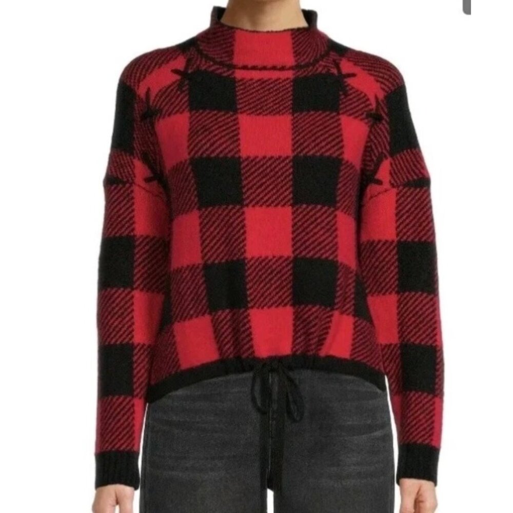 No Boundaries Plaid Sweater Lace-Up Details Red &‎ Black Junior Size XL (15-17)